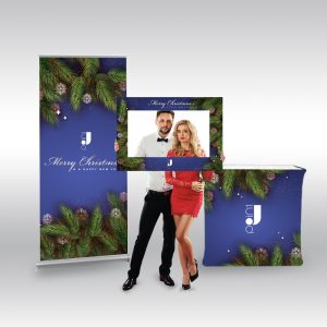 Комплект за изложение за коледно парти с рол банер, сгъваема катедра и селфи рамка